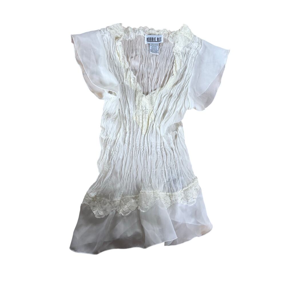 Robbie Bee vintage 90s‎ crinkle textured chiffon white v-neck blouse